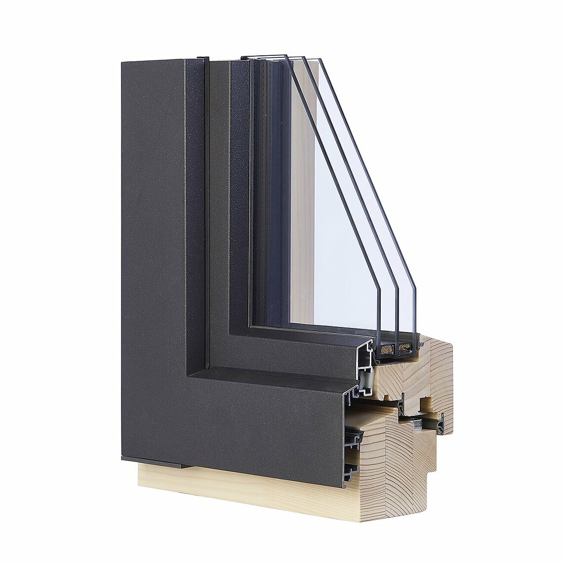 Musterecke von außen, Holz-Alu-Fenster Modell "LONGLIFE WIN", innen und außen flächenversetzt