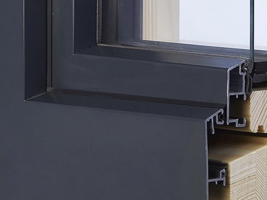 Musterecke von Außen, Holz-Alu-Fenster Modell "IN-DESIGN", außen flächenversetztes Aluminium